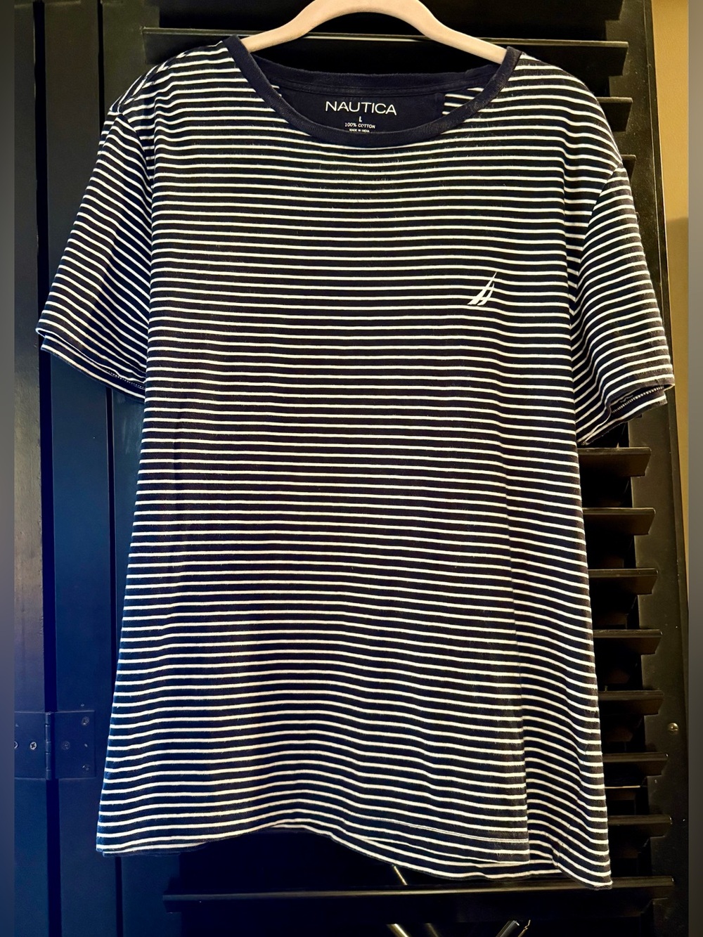 Nautica Men’s Navy and White Striped Crewneck T